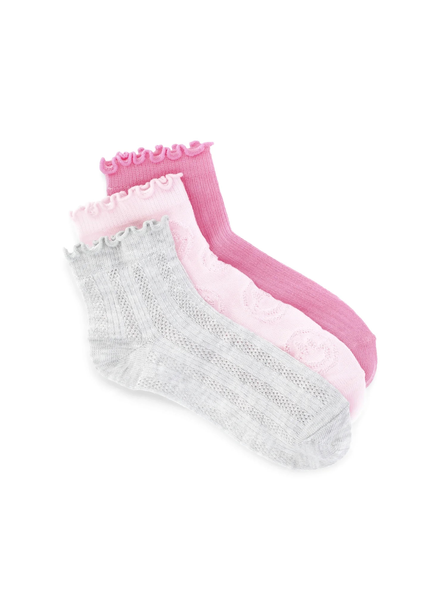 Wonder Nation Girls' Textured Lettuce Edge Ankle Socks, 3-Pack, Sizes S-L | Walmart (US)