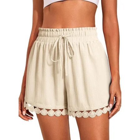 Womens Shorts Summer Casual Loose Elastic Waist Drawstring Lace Boho Beach Cover Up Shorts Beige XL | Walmart (US)
