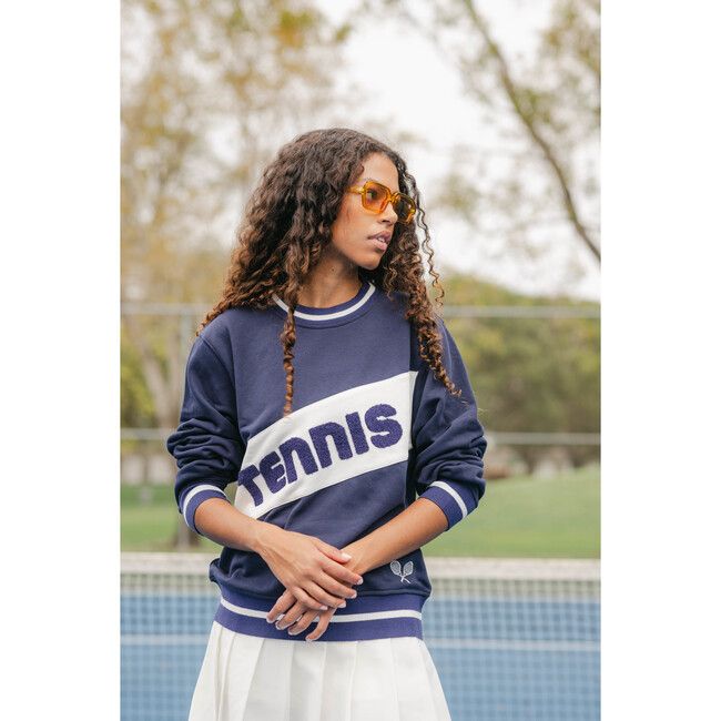 Women's Retro Block Tennis Crew Neck Ribbed Cuff Sweatshirt, Navy | Maisonette