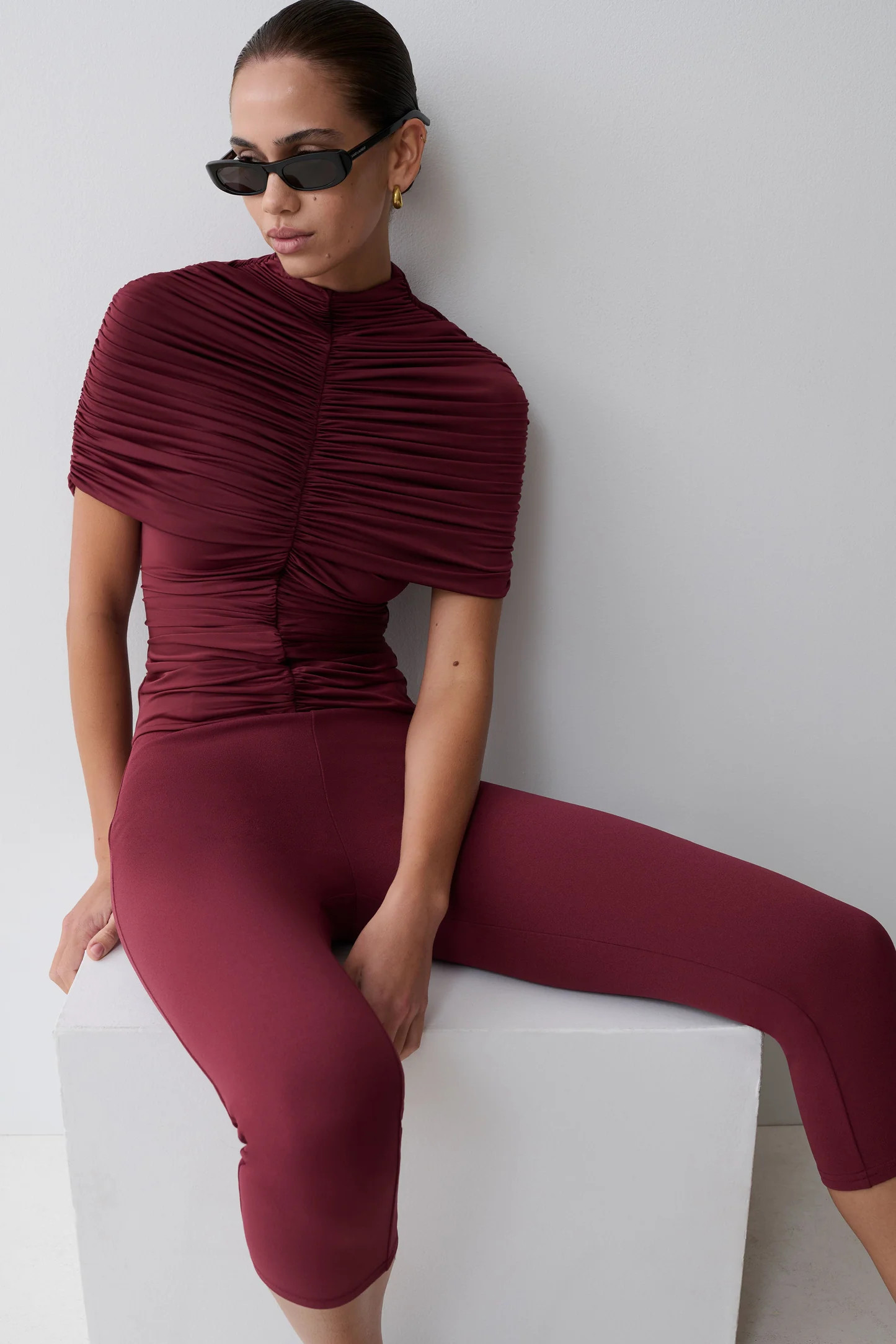 Slinky High Neck Gathered Top - Mahogany | MESHKI US