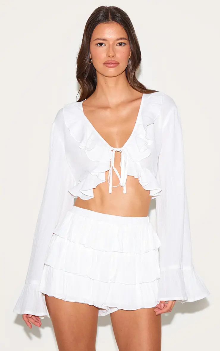 White Cheesecloth Ruffle Tie Front Long Sleeve Top Co-ord | PrettyLittleThing | PrettyLittleThing UK