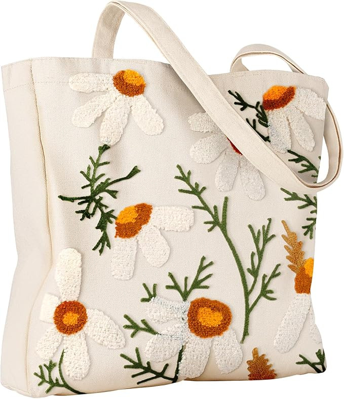 Aesthetic Embroidery Tote Bag for Women - Reusable Canvas Cute Shoulder Bag for Shopping, Grocery... | Amazon (US)