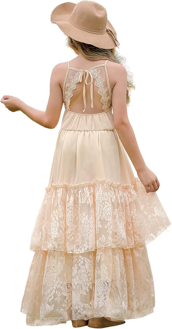BIBIHOU Girls Kids Lace Back Full-Length Backless Tulle Party Holiday Formal Flower Girl Dress | Amazon (US)