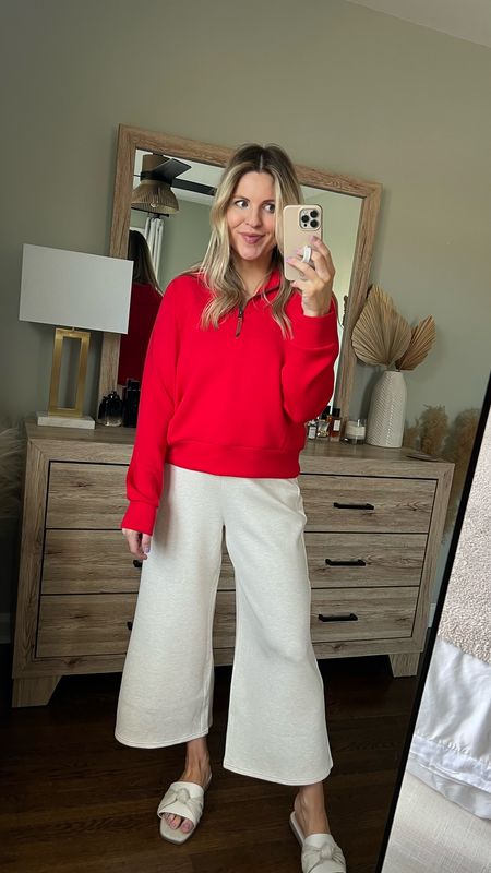 Spanx AirEssentials Half Zip in Red size medium + AirEssentials Cropped Wide Leg Pant in size L petite to accommodate the bump 

#LTKBaby #LTKBump