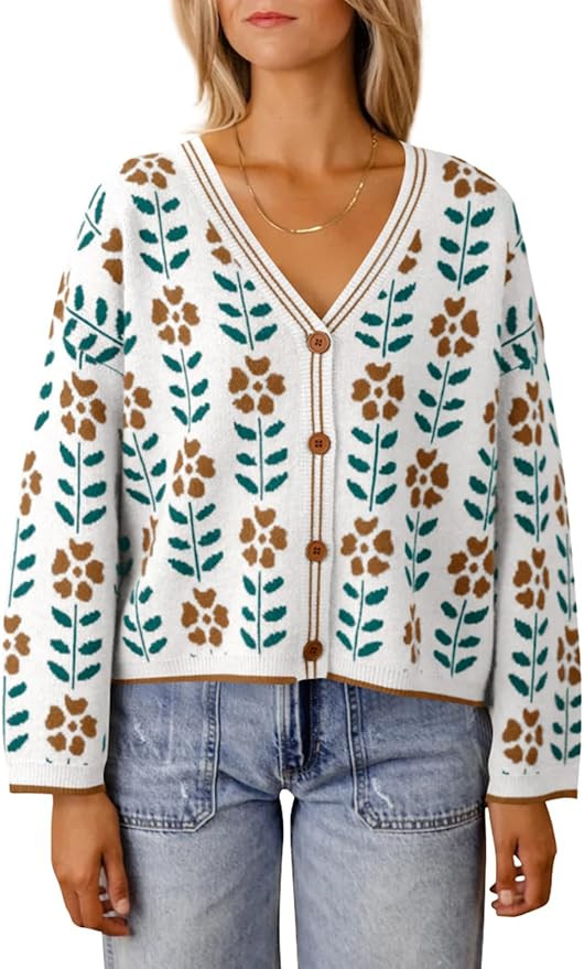 Saodimallsu Womens Floral Print V Neck Cardigan Open Front Button Down Knit Sweater Long Sleeve L... | Amazon (US)