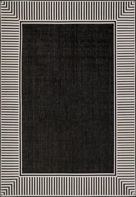 Black Striped Border Indoor/Outdoor Flatweave  Area Rug | Rugs USA