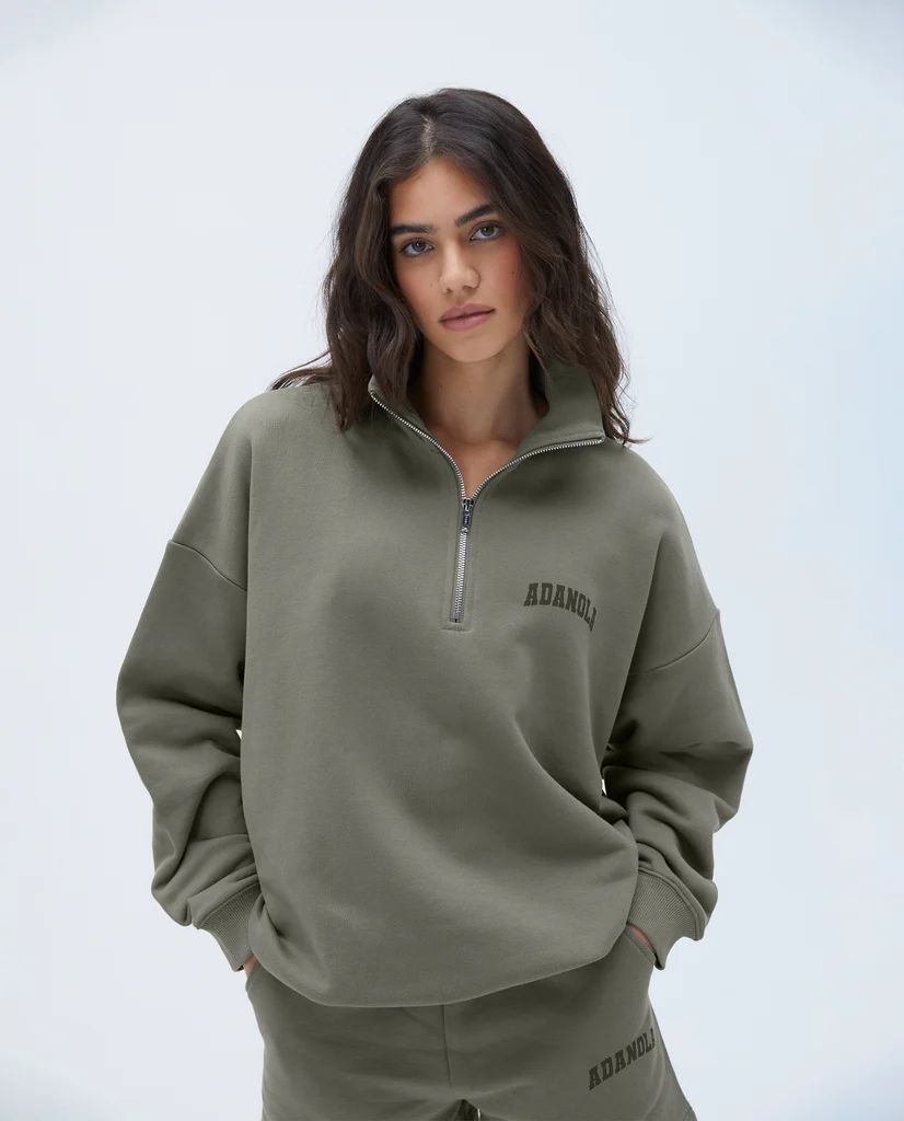 Varsity Oversized Funnel Neck Zip Sweatshirt - Olive Green | Adanola UK