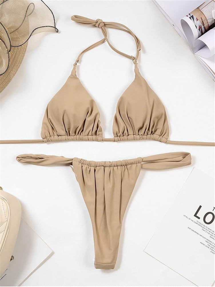 SheIn Women's Sexy 2 Pcs Ruched Triangle Bikini Bra with Thong Swimsuit Sets | Amazon (US)