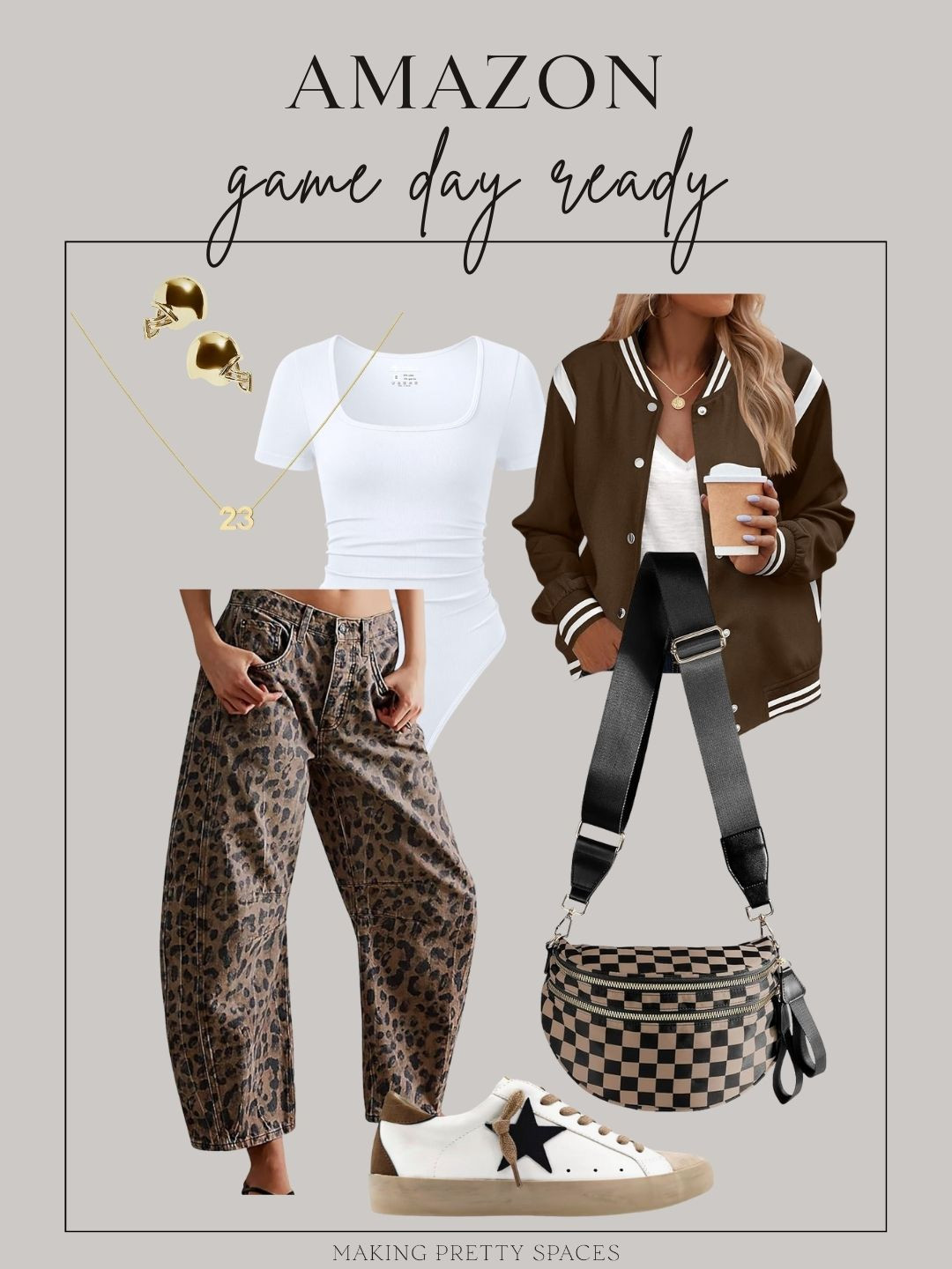 Sporty + chic! This Amazon game day outfit gives all the fall football vibes—varsity jacket, wide-leg leopard pants, comfy sneakers + a crossbody bag. Casual, trendy, and stadium ready. 🖤🤎 

 #LTKSeasonal #LTKFindsUnder50 #LTKStyleTip