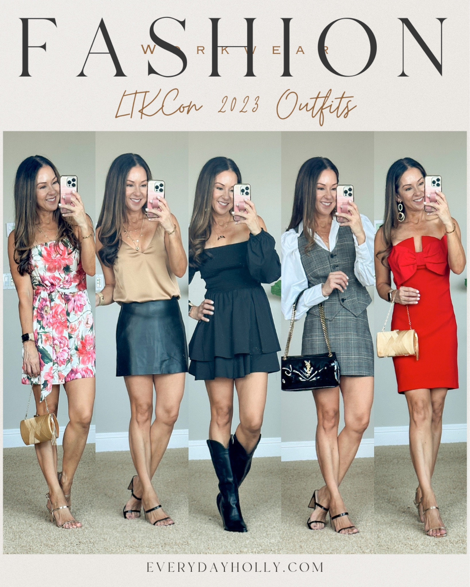 #LTLCon outfits all from Express | 40% off EVERYTHING from @express | pink floral romper size 2 | leather skort size 2 | satin cami XS | black long sleeve square neck off the shoulder romper XS | tailored plaid vest XS | white puff sleeve button down body suit XS | plaid skort size 0 | red cocktail dress with bow XS | gold heels TTS black heels TTS cowgirl black boots go up a 1/2 size. YSL patent leather bag | gold evening bag, clutch | favorite strapless bra & nip covers 
Business outfit | workwear | special occasion dress 

#LTKfindsunder100 #LTKsalealert #LTKover40