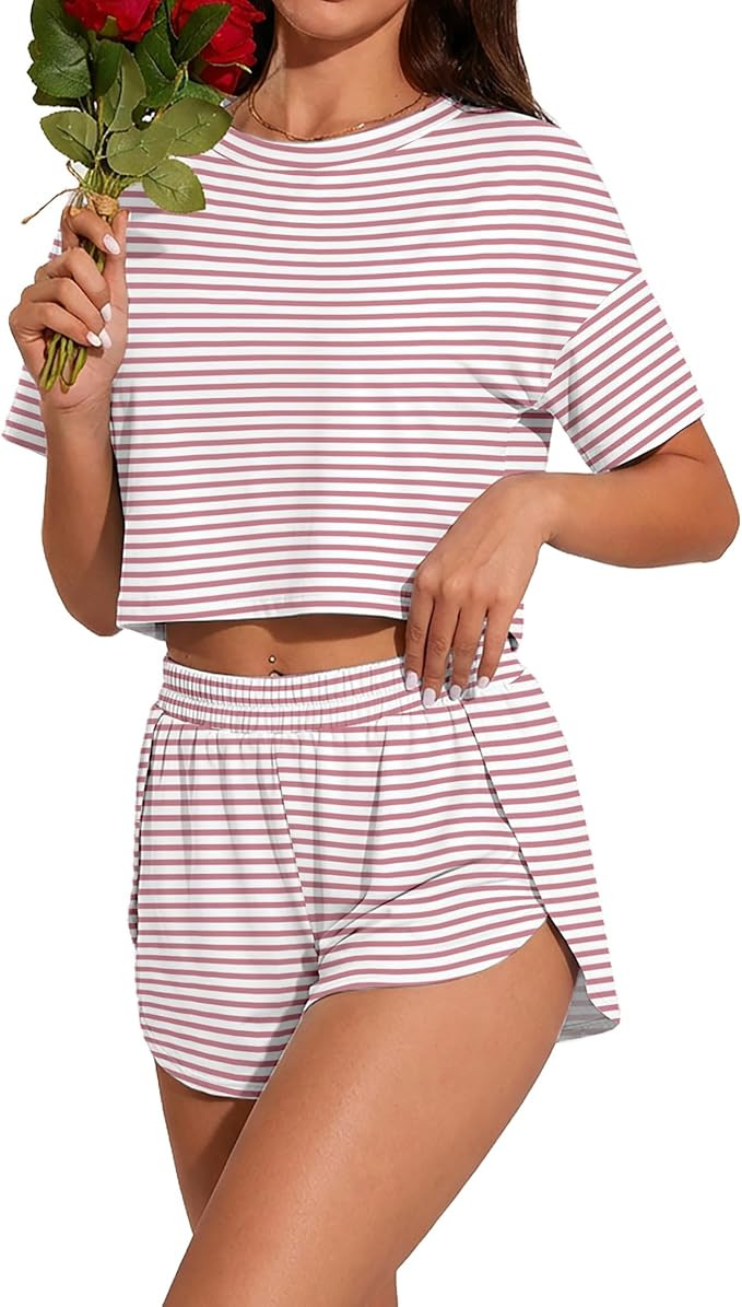 PrinStory Womens Pajama Sets Side Split Shorts Pj Set Cute Pjs 2 Piece Summer Lounge Sets | Amazon (US)