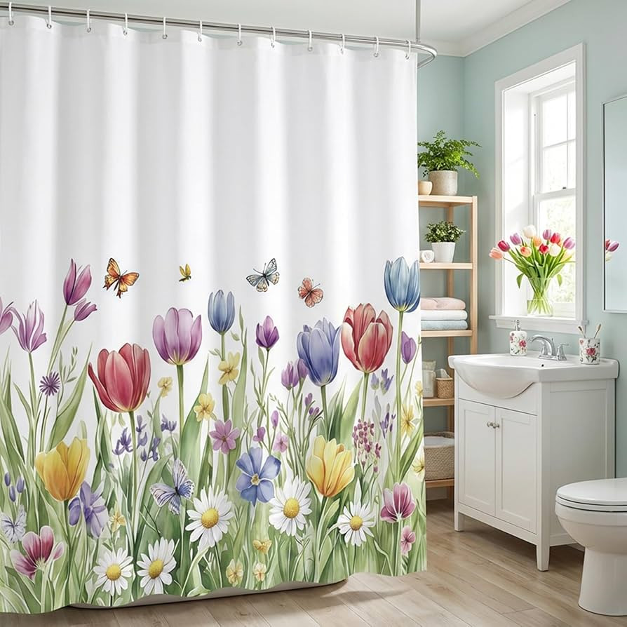 Spring Tulip Floral Shower Curtain Wildflower Daisy Green Leaf Butterfly Bathroom Curtains Waterp... | Amazon (US)