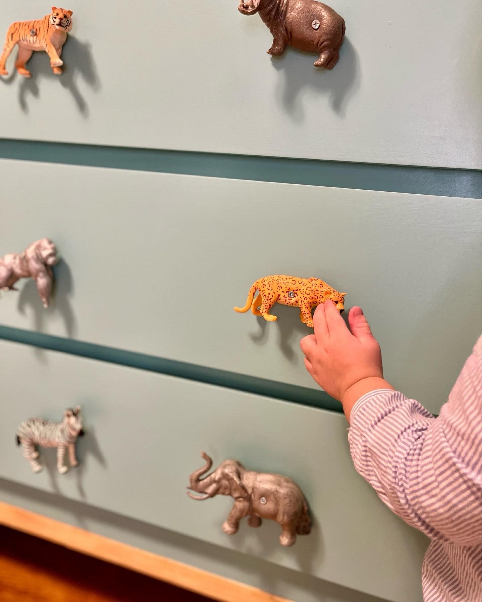 DIY drawer pulls for the nursery! Snagged these safari animals on Amazon, pick through the ones that were the right size, and screwed them right in! Kids think it's a fun game to name them! 

Boy room, girl room, sibling room, baby shower, home ideas, home decor, elephant, zebra, dresser, bedroom



#LTKhome #LTKkids #LTKbaby