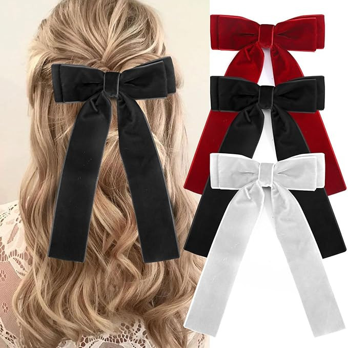 Vodolo Velvet Hair Bows for Women Girls,3 PCS Black Red White Velvet Ribbon Bow Hair Clips With L... | Amazon (US)