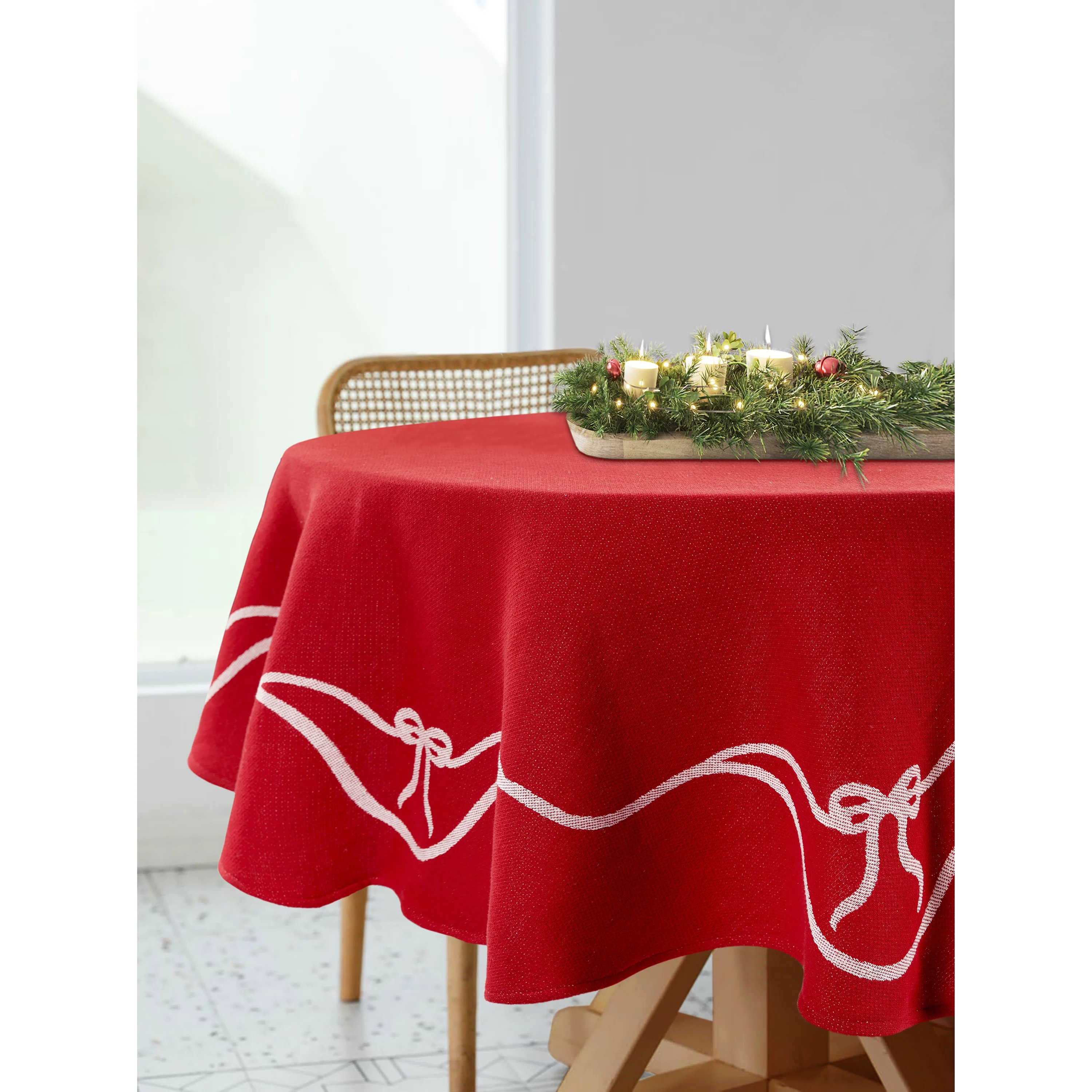 Holiday Bow Jacquard 70" Round Tablecloth - 100% Cotton, Red | Walmart (US)