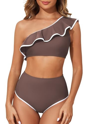 Herseas Women's One Shoulder Bikini Sets Color Block Trim Ruffle Hem Swimsuits Elegant Bathing Su... | Amazon (US)
