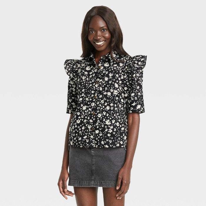 Women's Ruffle Elbow Sleeve Button-Down Shirt - Who What Wear™ | Target