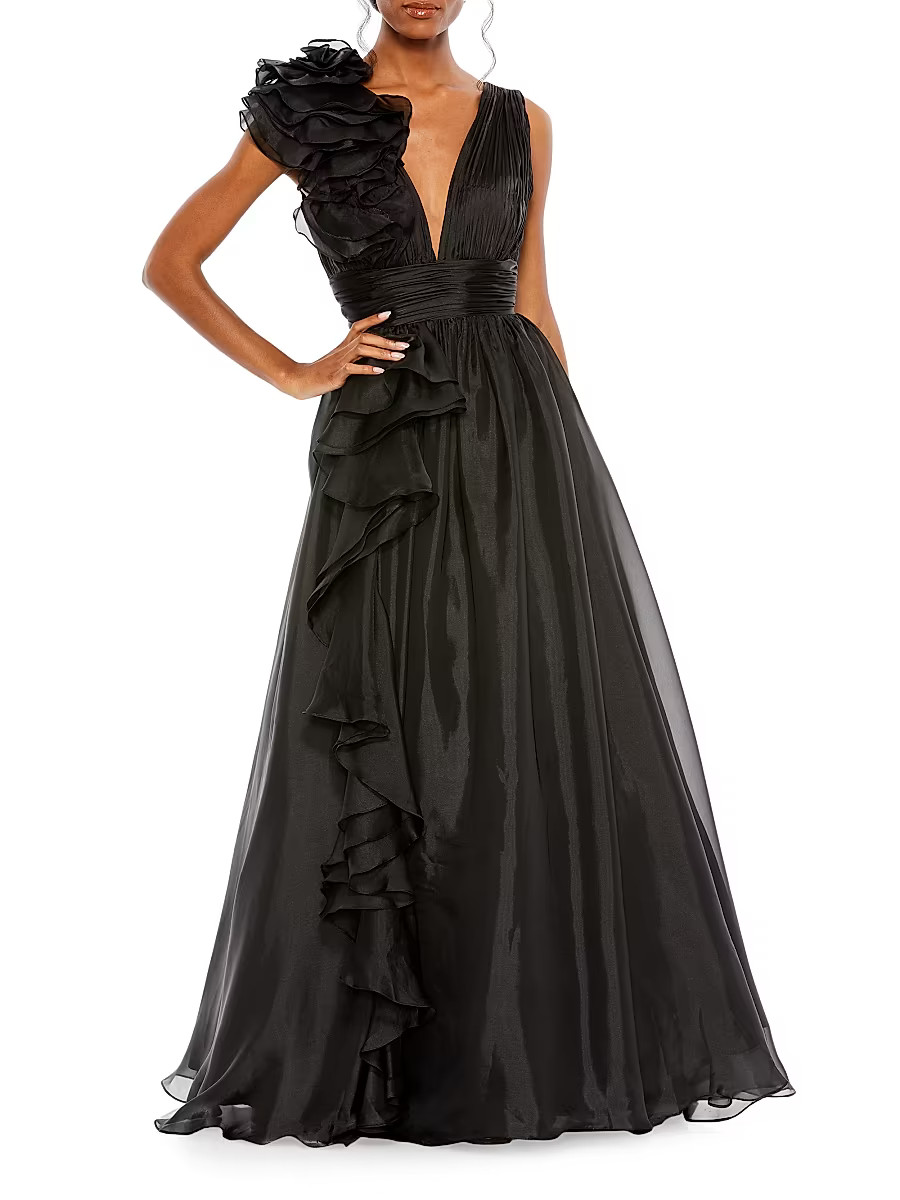 Women's Ruffle Shoulder V-Neck Gown - Black - Size 6 | Saks Fifth Avenue