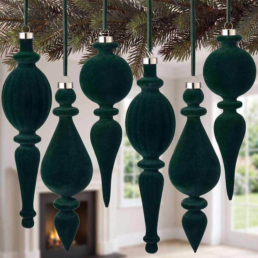 Jetec 6 Pcs Dark Green Velvet Christmas Finial Ornament Flocked Xmas Tree Hanging Decoration Plas... | Amazon (US)