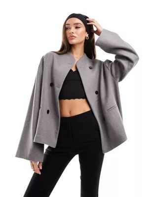 NA-KD x Hanna Schonberg double breasted short jacket in grey | ASOS (Global)