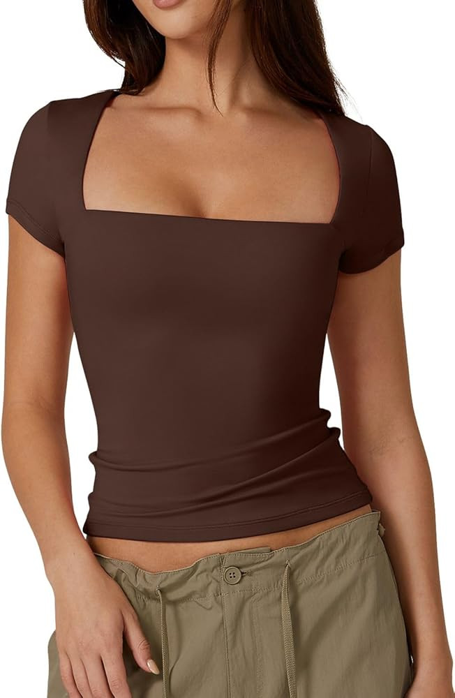 QINSEN Women's Square Neck Short Sleeve T Shirts Double Lined Basic Tee Slim Fit Tops | Amazon (US)