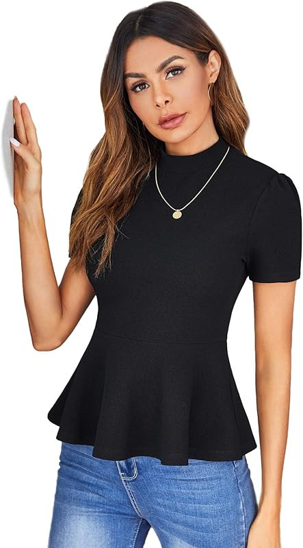 SweatyRocks Women's Elegant Short Sleeve Stand Collar Stretch Peplum Blouse Top | Amazon (US)