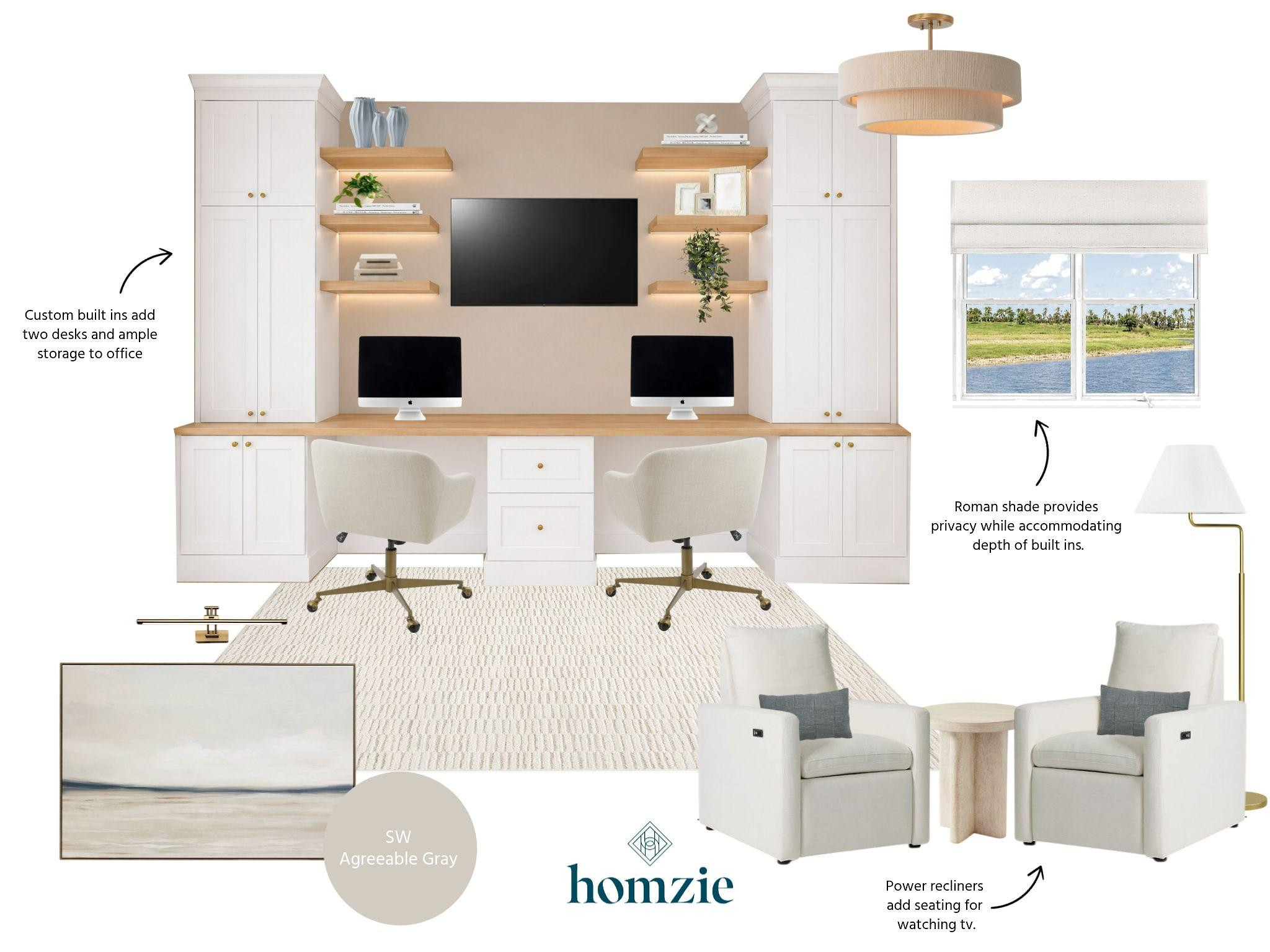 Custom white built-ins create a functional workspace with two desks, ample storage, and lighted wood floating shelves for displaying meaningful décor. Roman shades provide privacy while fitting seamlessly with the built-in design, while power recliners offer a comfortable spot to unwind or catch up on your favorite show. Soft creams, calming blues, and touches of greenery continue the home's timeless palette, creating a space that's equal parts productive and relaxing.

#LTKHome #HomeOffice #OfficeDesign #BuiltIns #InteriorDesign #HomeDecor #NeutralHome #WorkspaceInspo #LTKCreator 

 