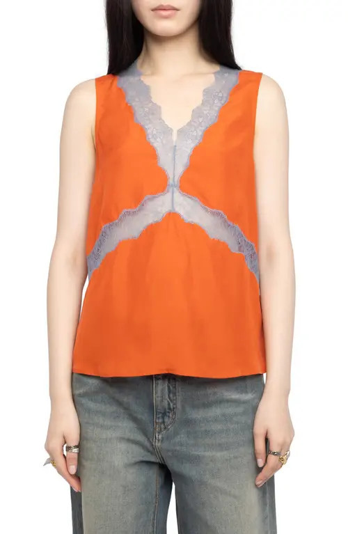 Zadig & Voltaire Tasao Silk Lace Top in Tangerine at Nordstrom, Size X-Small | Nordstrom