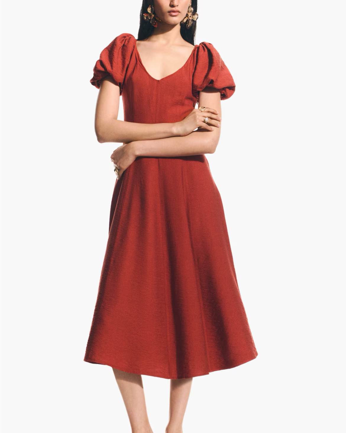 Rust puff sleeve midi dress 

#LTKSeasonal