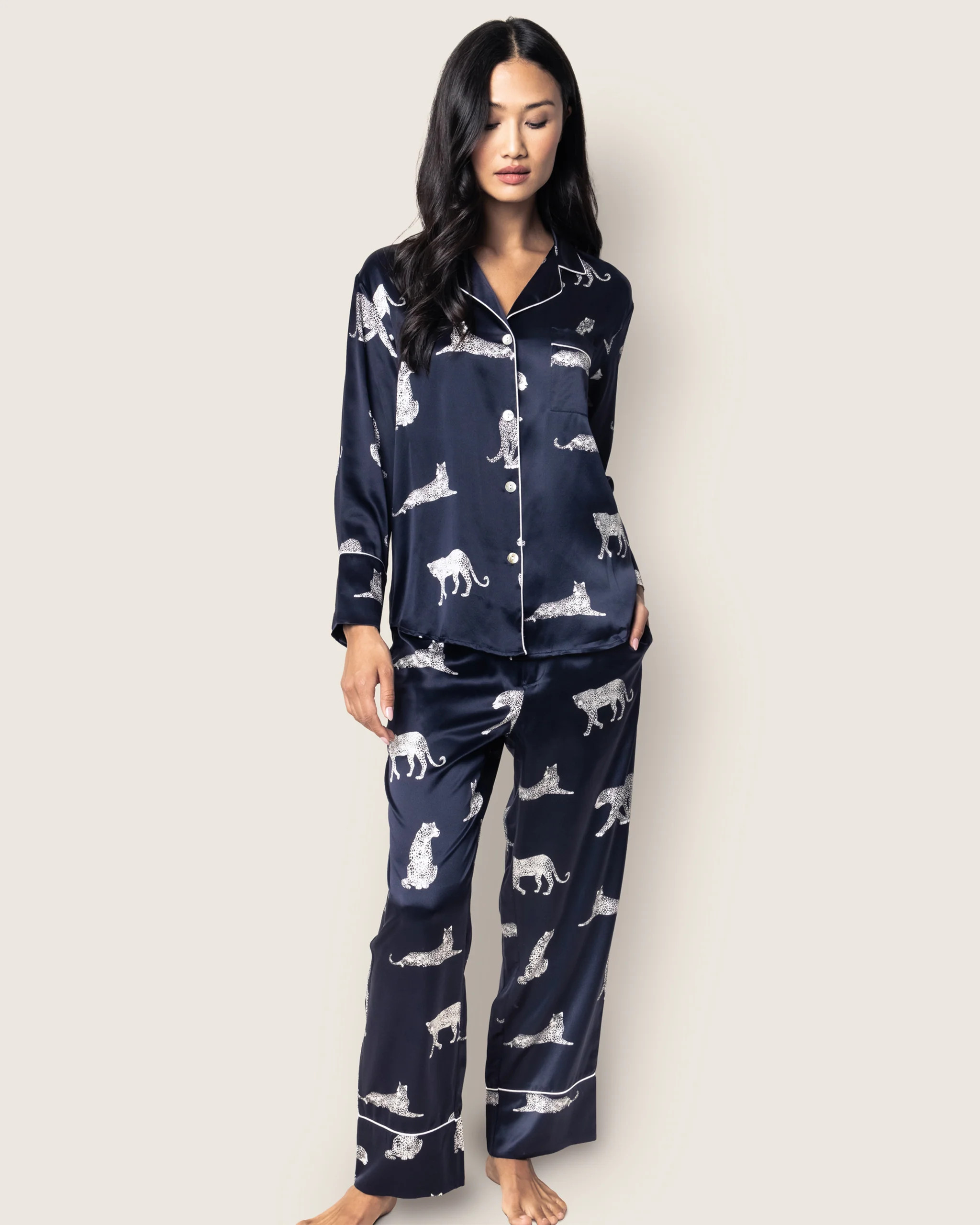 Women's Silk Pajama Set in Panthère de Nuit | Petite Plume