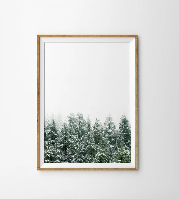 Snow Covered Forest Print Winter Wall Art Christmas Scene Minimalist Print Nordic Decor Snowy Tre... | Etsy (US)