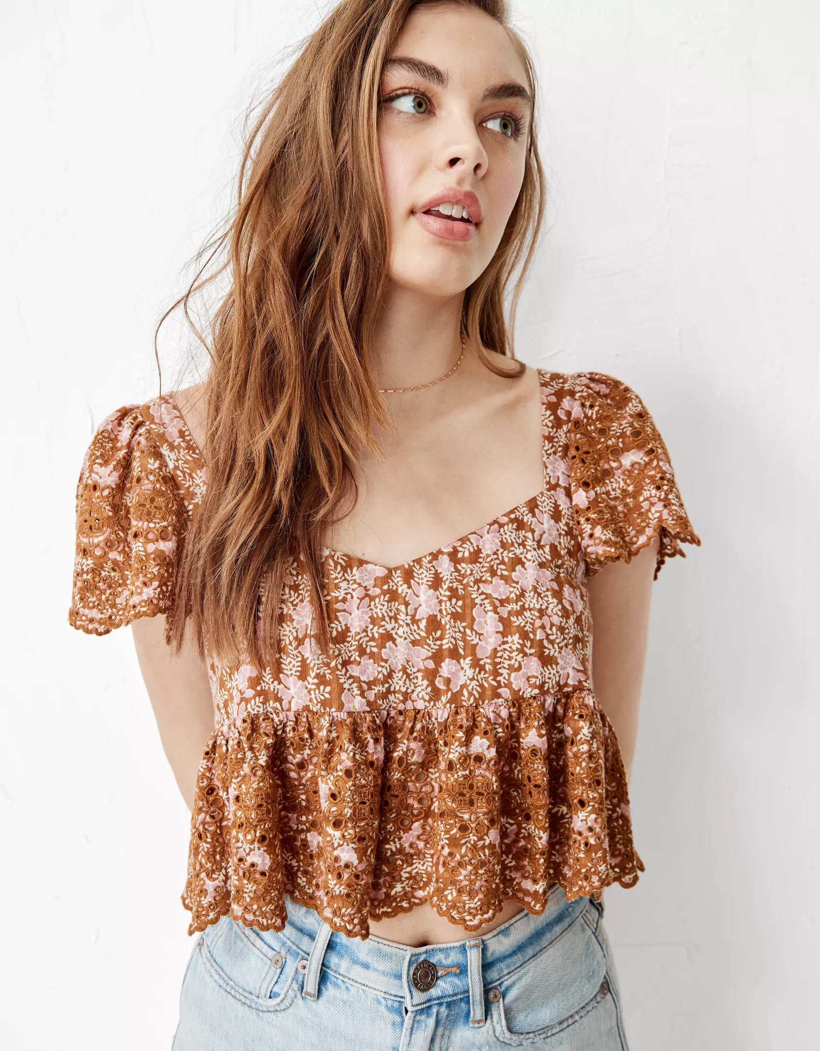 AE Ruffle Sleeve Babydoll Blouse | American Eagle Outfitters (US & CA)