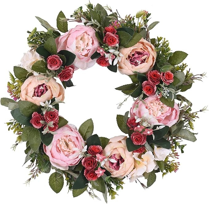 LIVILAN Pink Artificial Peony Wreath, 15" Round, Silk & Rattan, Multi-Purpose, Christmas, Wedding... | Amazon (US)