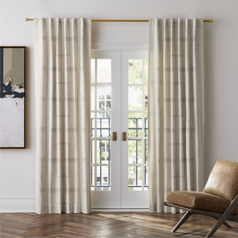 Embroidered Craftsman Ivory/Midnight Navy Organic Cotton Sateen Window Curtain Panel 52"x96" + Re... | Crate & Barrel