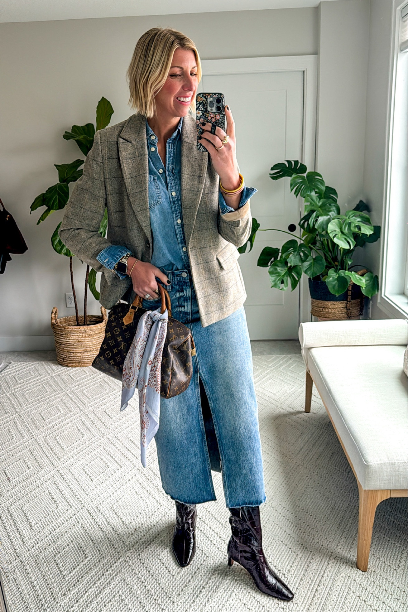 Double denim + statement boots for church today! I love the classic look of these tall boots, they elevate a simple denim skirt + shirt. I added a plaid blazer for some polish 

#LTKWorkwear #LTKStyleTip #LTKOver40