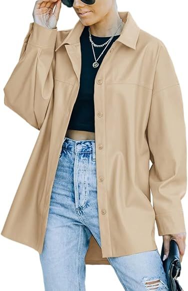 LPCBDEE Womens Faux PU Leather Shacket Casual Buttons Down Long Sleeve Shirt Jacket Coat | Amazon (US)