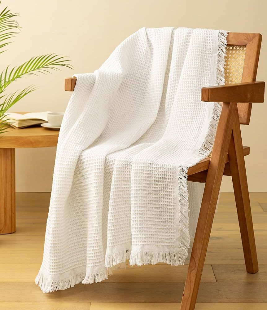 Vitalizart Throw Blanket Waffle Knit Cotton Blanket 50"x 60" Fringe White Throw Blanket for Couch... | Amazon (US)