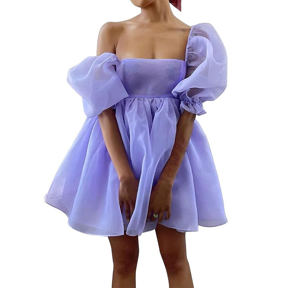 Womens Off-Shoulder Ruffled Fluffy Short-Sleeved Mesh Party Mini Princess Dress | Amazon (US)