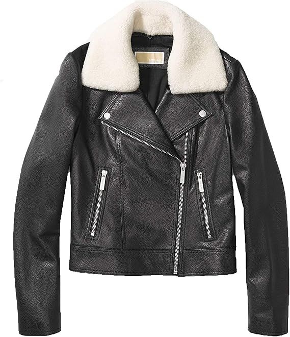 Michael Michael Kors Black Leather Jacket with Shearling Collar (XS) | Amazon (US)