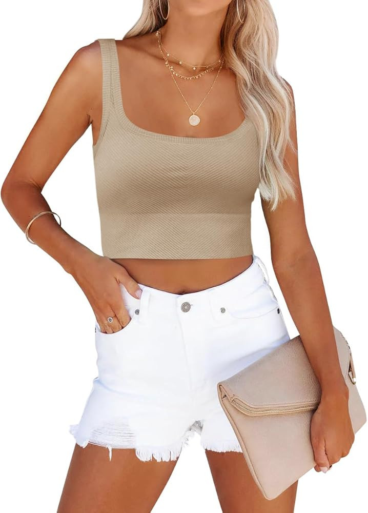 ZESICA Women's Crop Tank Tops Ribbed Square Neck Basic Workout Yoga Tops Summer Sleeveless Shirts | Amazon (US)