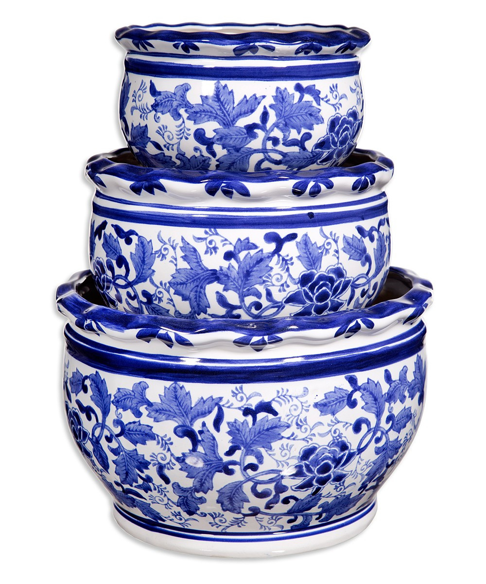 Blue & White Floral Planter Three-Piece Set | Zulily