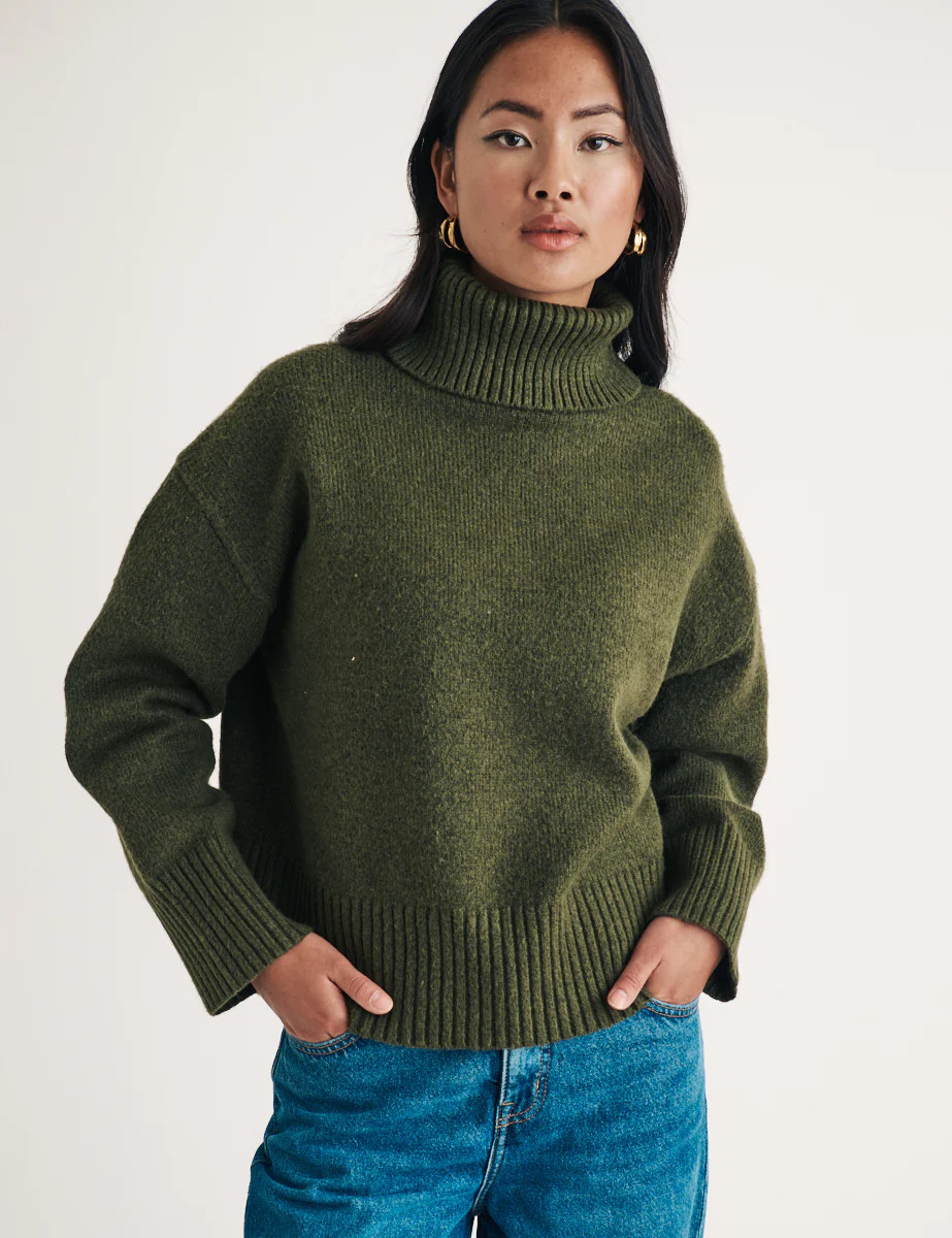 Khaki Green Knitted Roll Neck Jumper | Nobody's Child