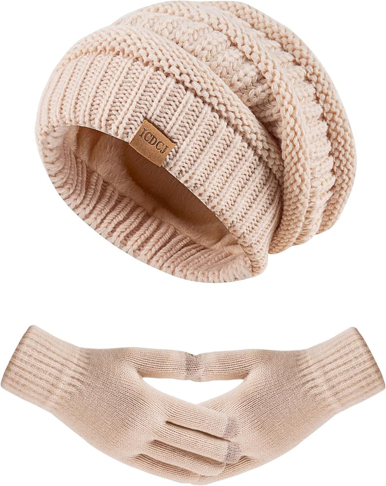 Women's Beanie Hat Gloves Set, Fleece Lined Winter Hat with Touchscreen Gloves for Cold Weather | Amazon (US)