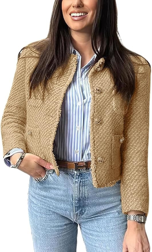 chouyatou Women's Fall Business Casual Tweed Jacket Button Down Fringed Tassel Office Work Blazer... | Amazon (US)