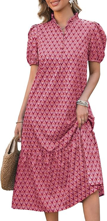 Wenrine Womens Summer Floral Maxi Dress Casual V Neck Puff Short Sleeve Button Flowy Beach Boho L... | Amazon (US)