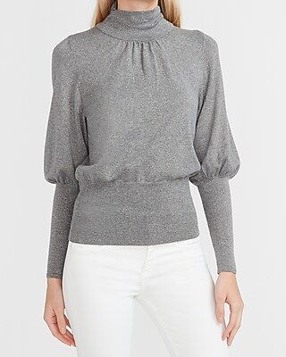 Metallic High Ribbed Blouson Sleeve Turtleneck Sweater | Express