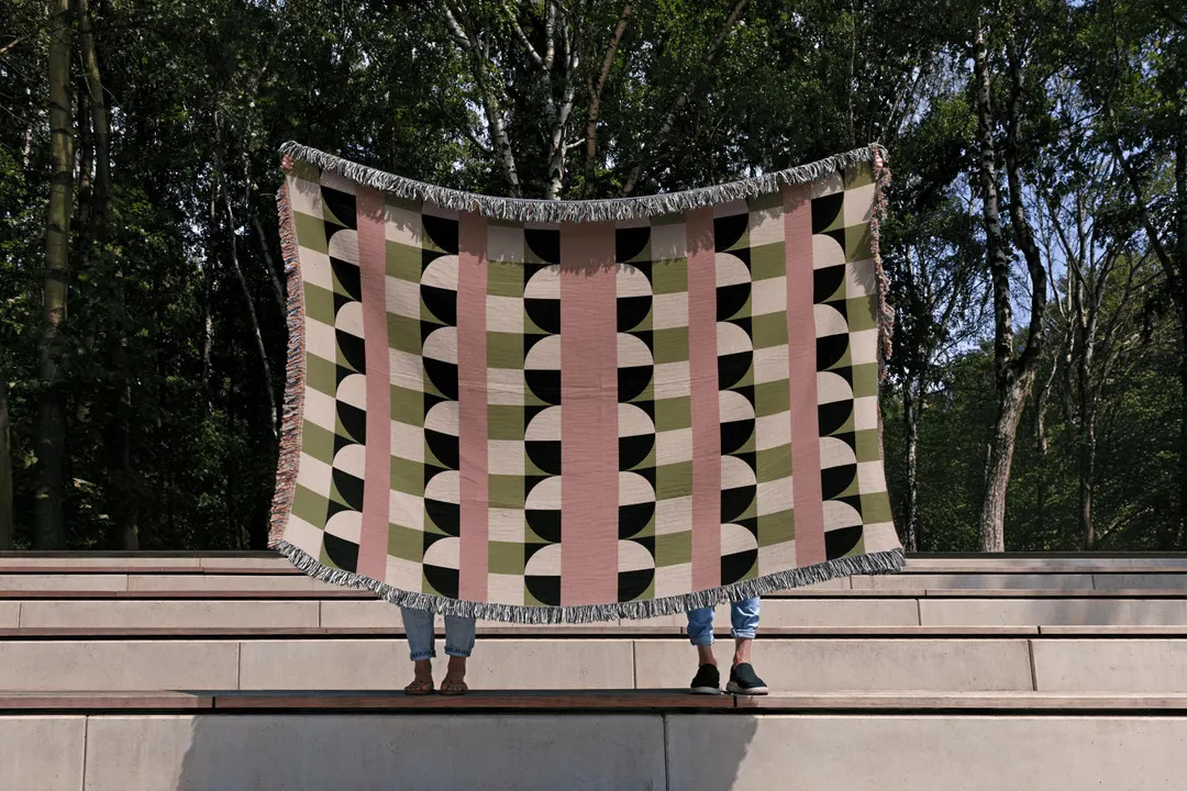 Blush & Olive Green Mid Century Modern Woven Cotton Throw | Etsy (US)