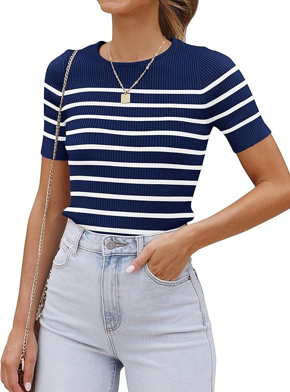 ZESICA Women's Short Sleeve Crewneck Striped T Shirt 2024 Summer Ribbed Knit Slim Fit Casual Basi... | Amazon (US)