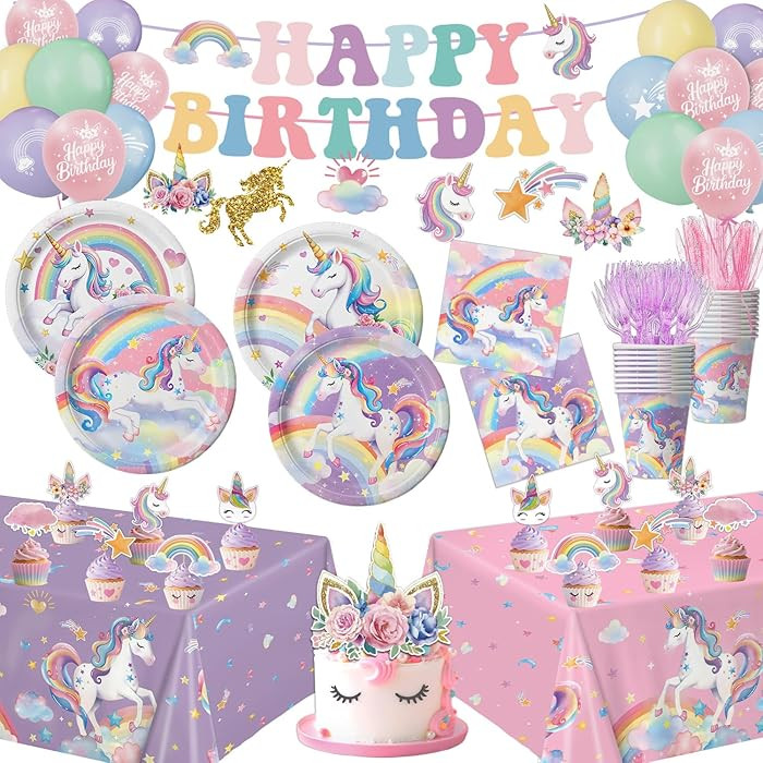 Unicorn Birthday Decorations Includes Plates, Napkins, Cups, Cutlery, Hanging Swirls, Banner, Cak... | Amazon (US)