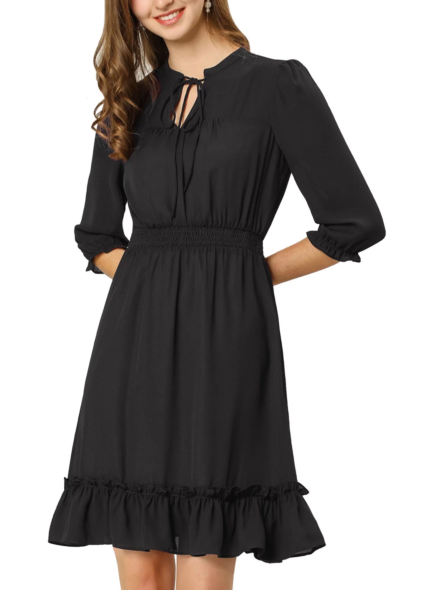 Allegra K Women's Layered Ruffle Hem 3/4 Sleeves Smocked Chiffon A-Line Dress | Walmart (US)